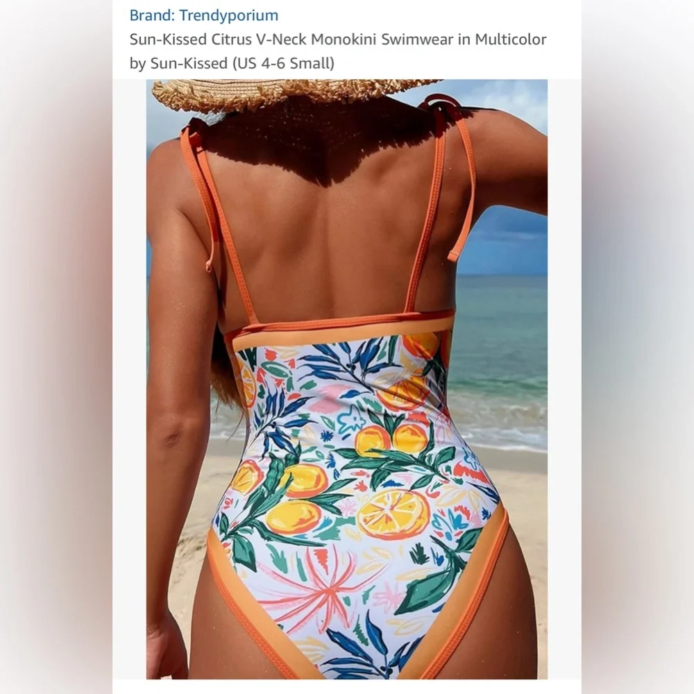 Amazon Sun-Kissed Citrus V-Neck One Piece Swimsuit-‎ L